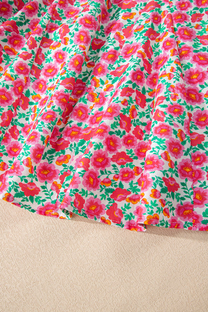 Pink Floral Print V Neck Patchwork Short Bubble Sleeve Mini Dress