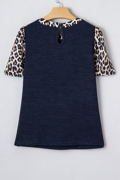 Navy Blue Ribbed Contrast Leopard Patchwork Short Sleeve Top
