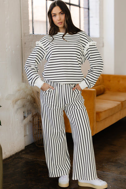 White Stripe Ruffle Trim Drop Shoulder Top Drawstring Loose Pant Set
