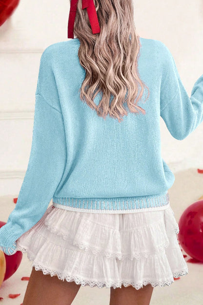 Light Blue Valentine Love Chenille Letter Graphic Sweater