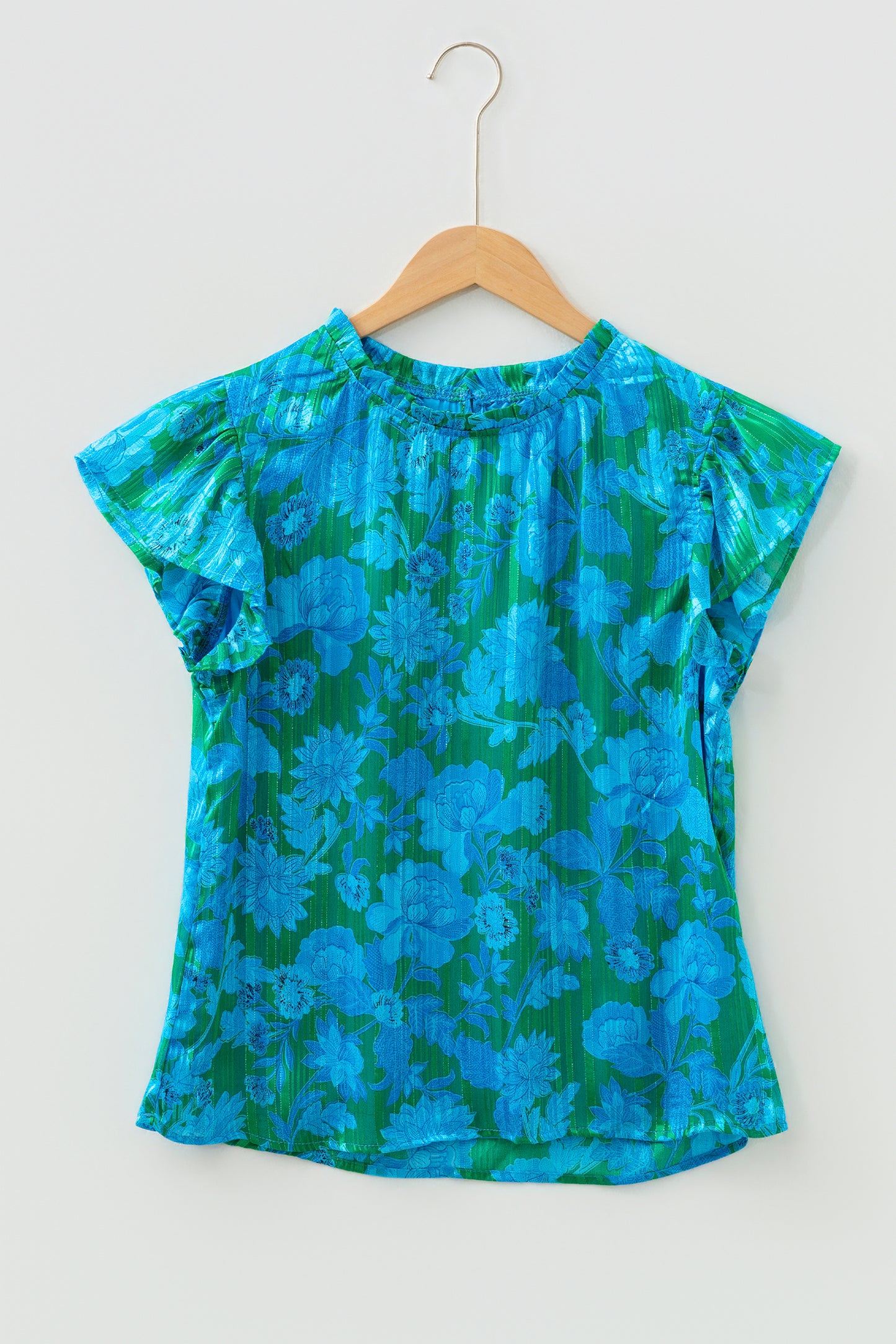 Green Floral Print Ruffled Sleeve Summer Blouse