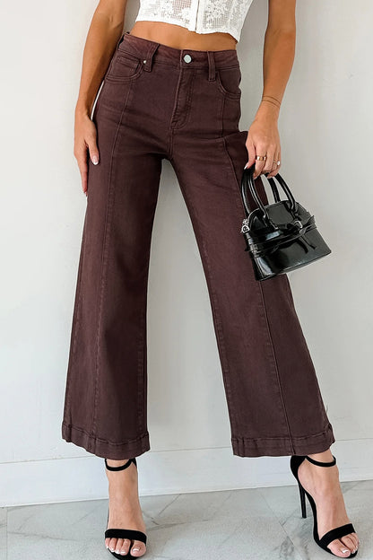 Red Sandalwood Solid Color Seamed Center Wide Leg Cropped Jeans