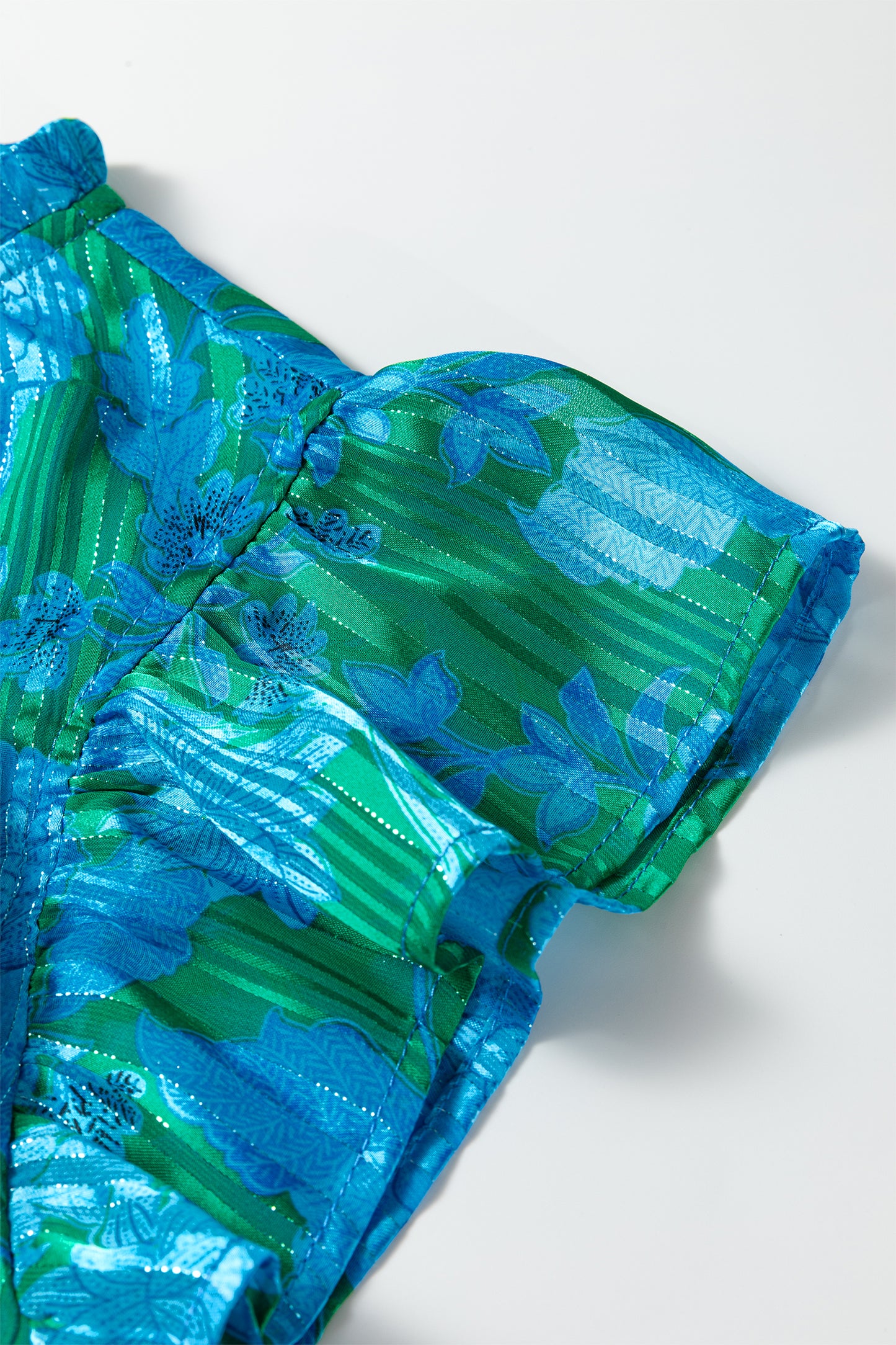 Green Floral Print Ruffled Sleeve Summer Blouse