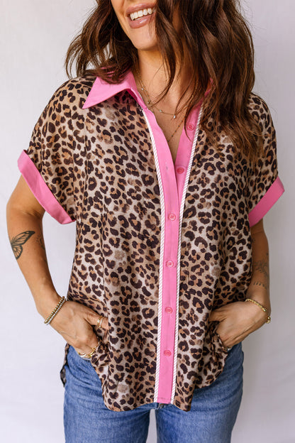 Leopard Print Contrasted Trim Animal Short Sleeve Shirt