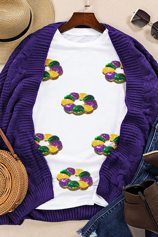 White Sequin Mardi Gras Crewneck Tee