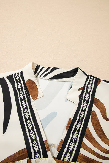 Brown Abstract Puff Sleeve Blouse