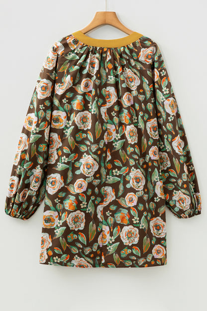 Brown Floral Print Contrast Trim V Neck Pocketed Long Sleeve Mini Dress