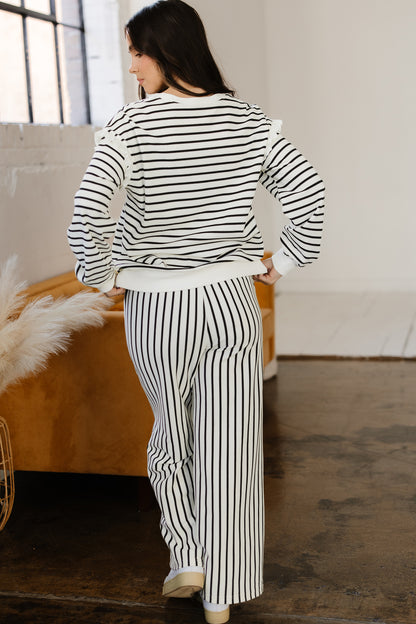 White Stripe Ruffle Trim Drop Shoulder Top Drawstring Loose Pant Set