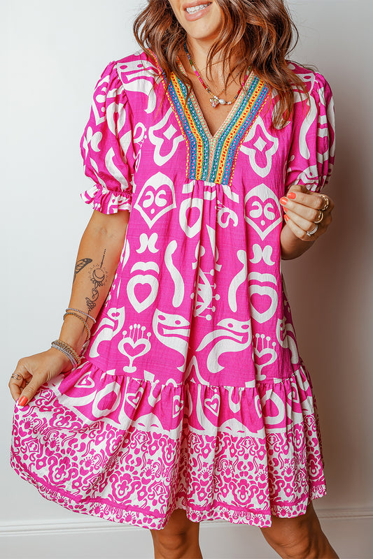 Rose Boho Mixed Print V-Neck Flared Dress
