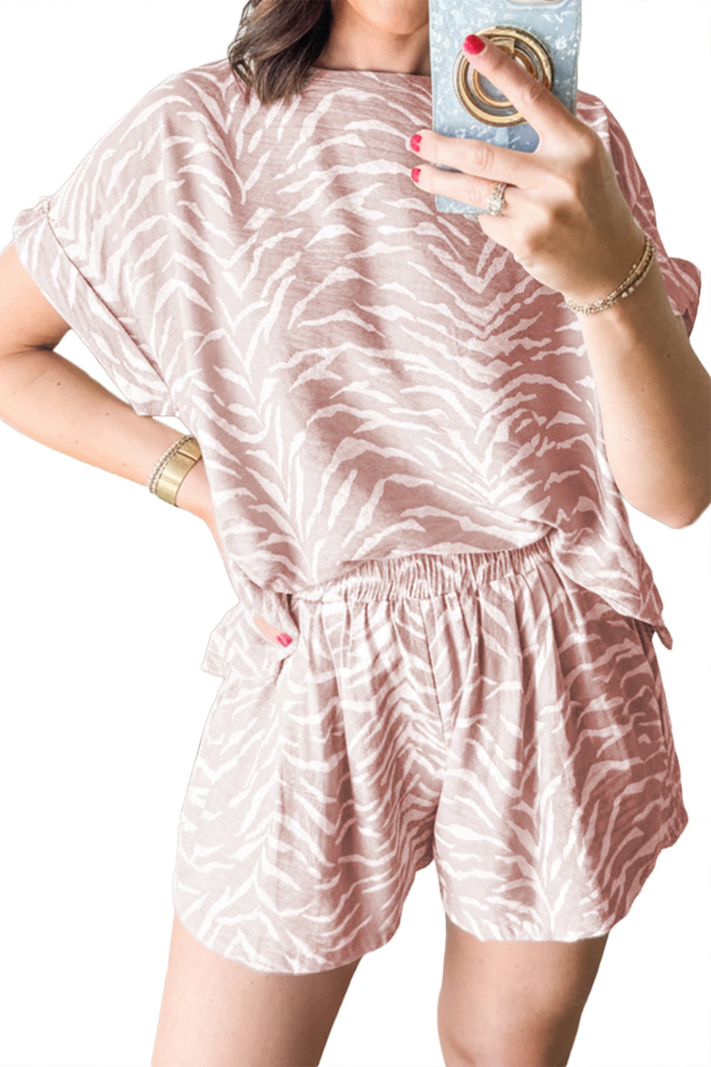 Khaki Abstract Print Cuffed Short Sleeve Loose Top Short Set