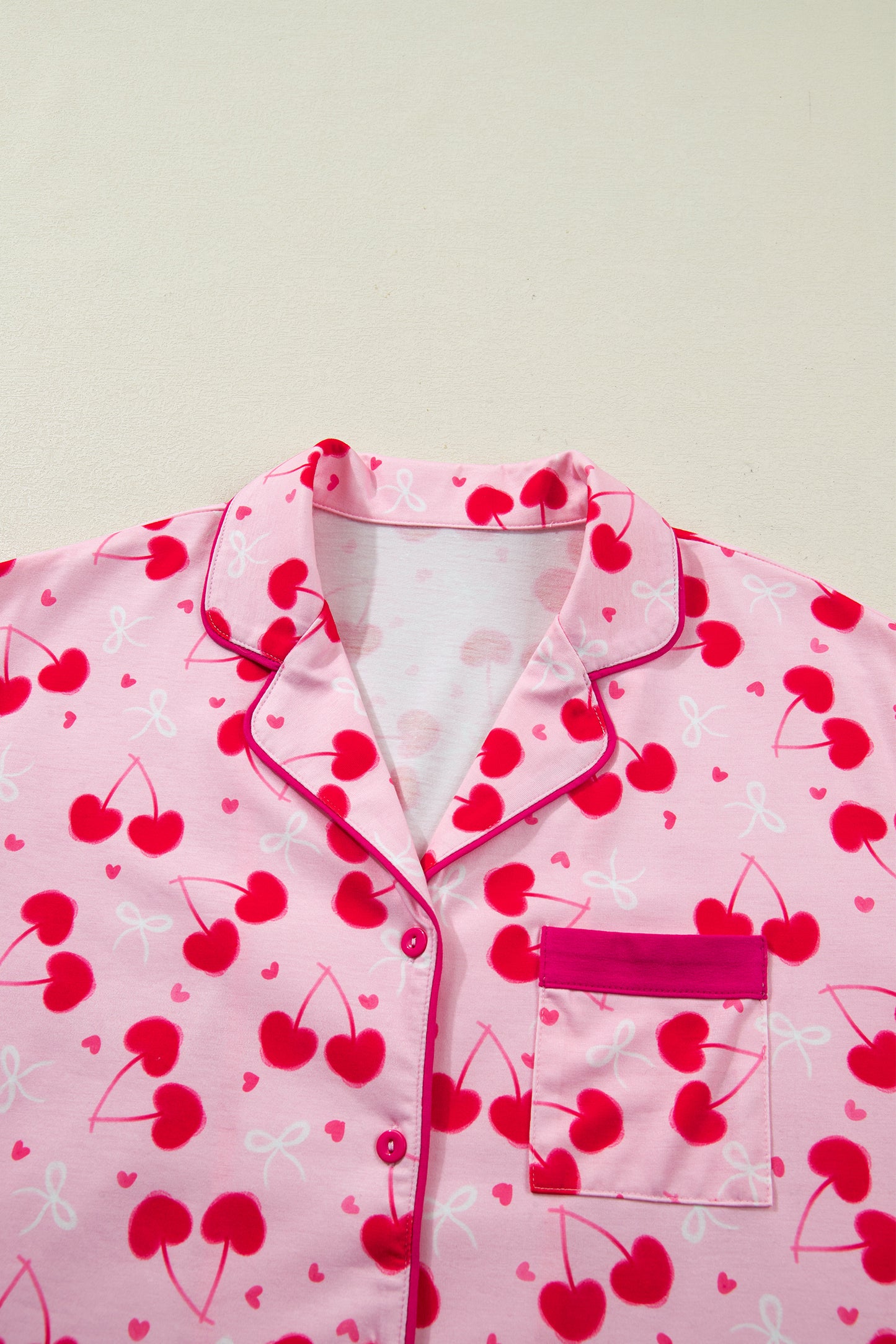 Rose Cherry Bow Mixed Print Scalloped Pajama Set