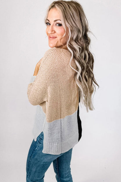 Black Color Block Knit V Neck Loose Sweater