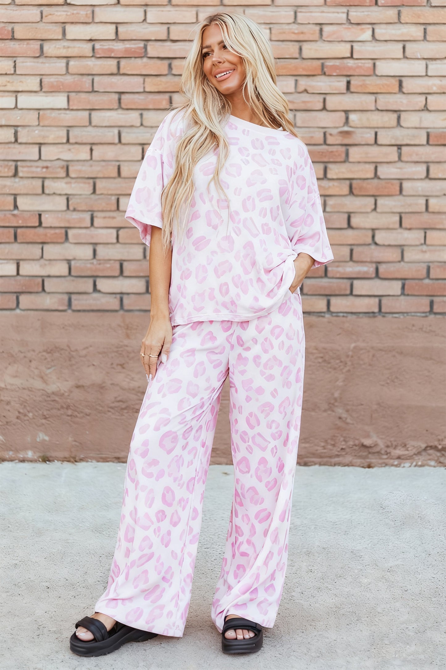 Pink Leopard Two Piece Top and Pants Set