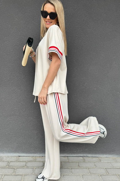 Jet Stream Contrast Striped Trim Crewneck T Shirt Loose Straight Pants Set