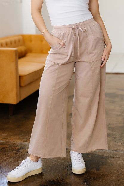 Smoke Gray Solid Color Mineral Wash Piping Trim Pocketed Wide Leg Pants