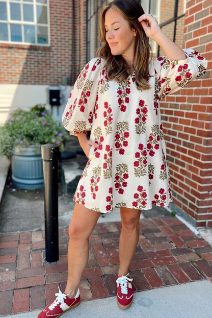 White Floral Print V Neck 3/4 Sleeve Loose Mini Dress