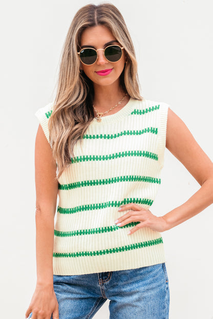 Bright Green Striped Round Neck Casual Sweater Vest