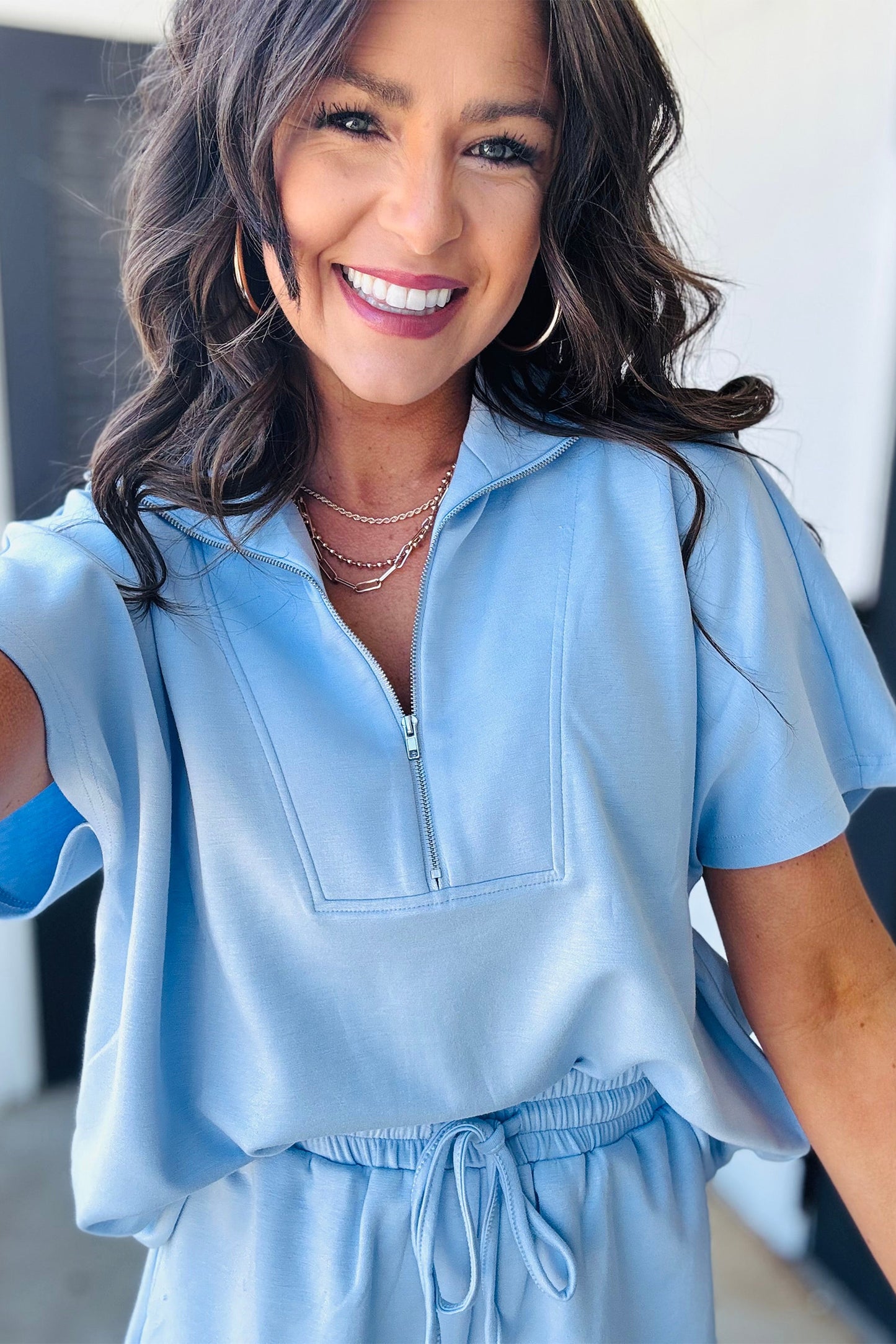 Beau Blue 2-Piece Half-Zip Short Sleeve Sweatshirt Set