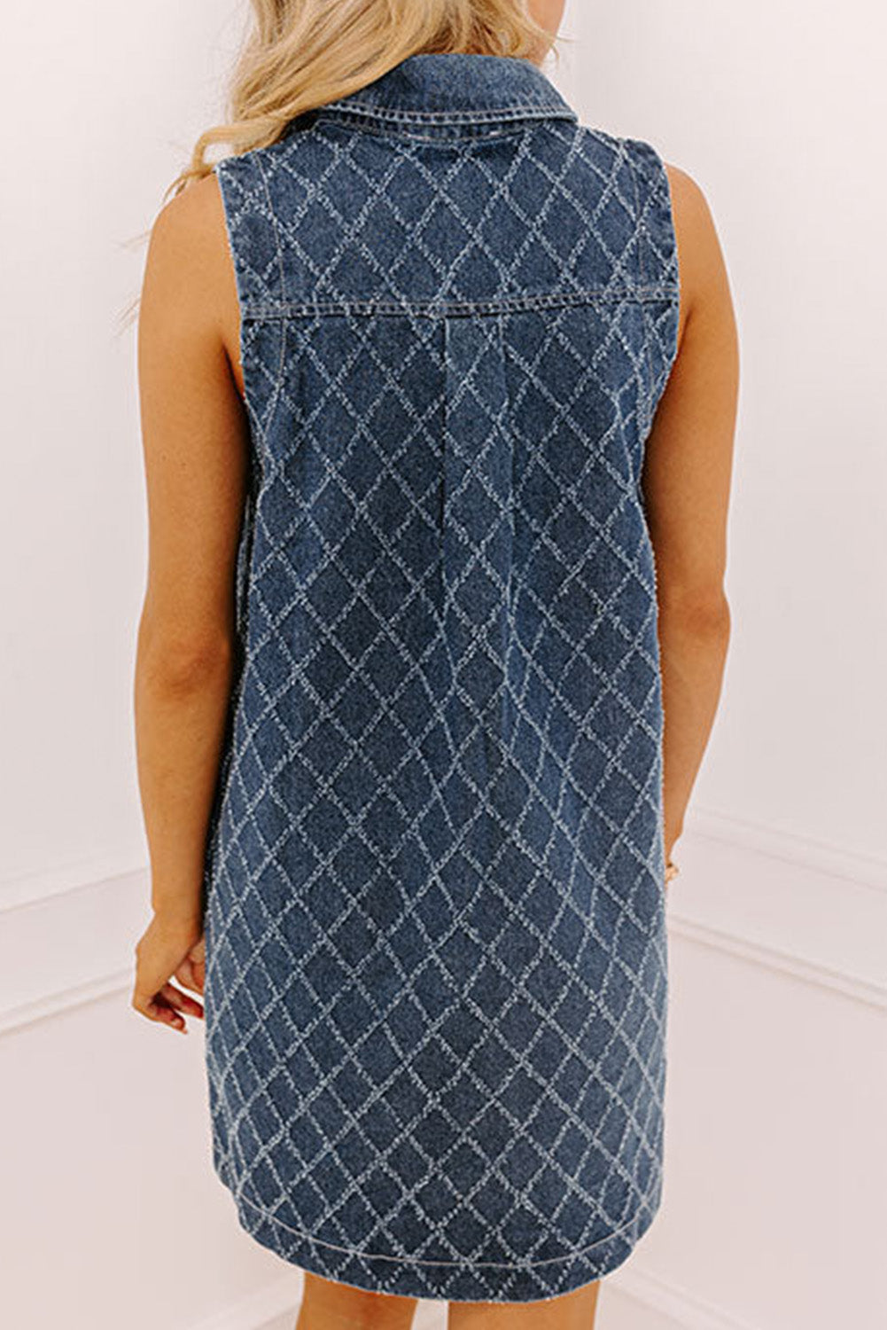 Sail Blue Rhombus Textured Collar Buttoned V Neck Denim Sleeveless Mini Dress