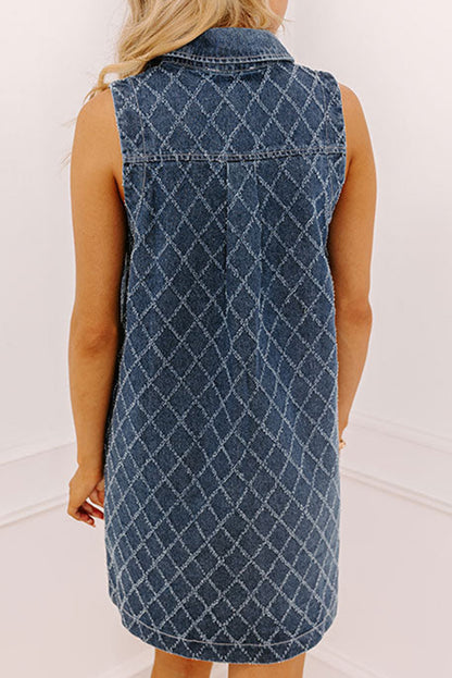 Sail Blue Rhombus Textured Collar Buttoned V Neck Denim Sleeveless Mini Dress