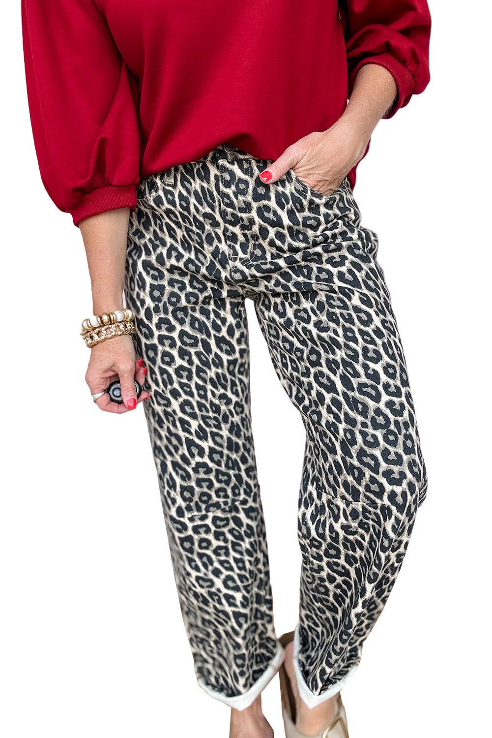 Black Leopard Print Barrel Jeans