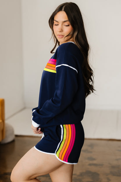 Bluing Colorful Striped Accent Varsity Long Sleeve Pullover and Shorts Matching Set