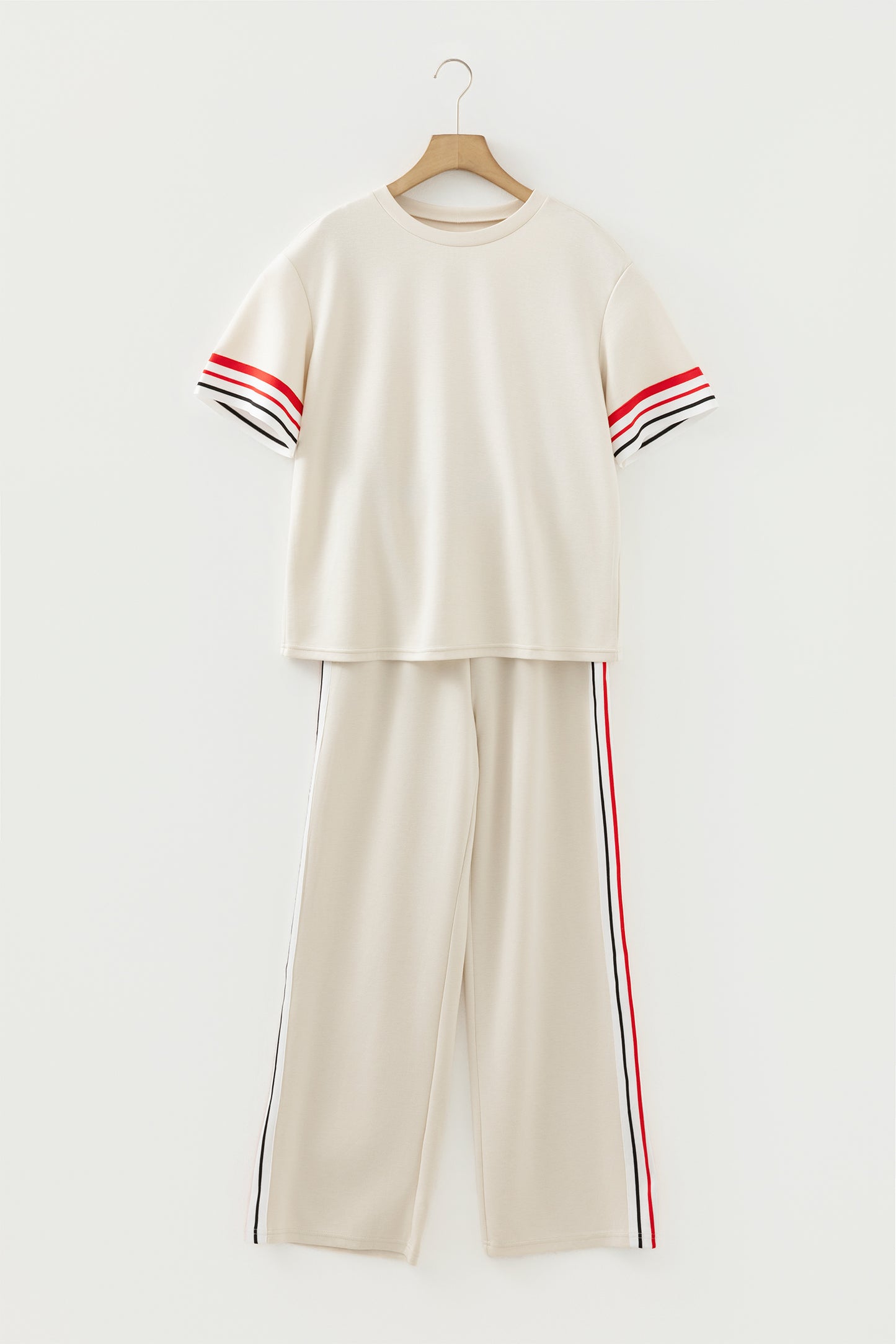 Jet Stream Contrast Striped Trim Crewneck T Shirt Loose Straight Pants Set