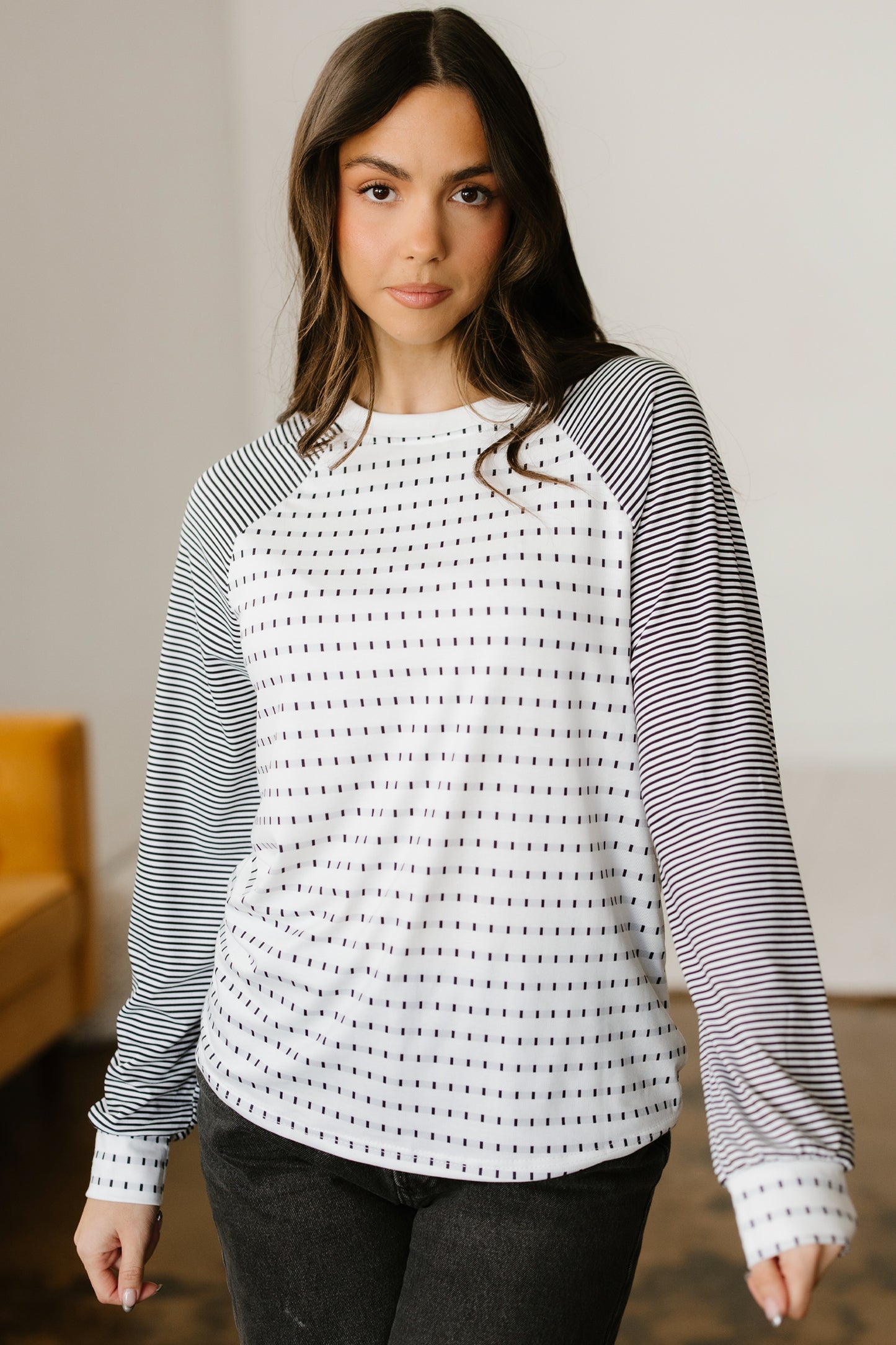 Black Stripe Raglan Patchwork Long Sleeve Tee