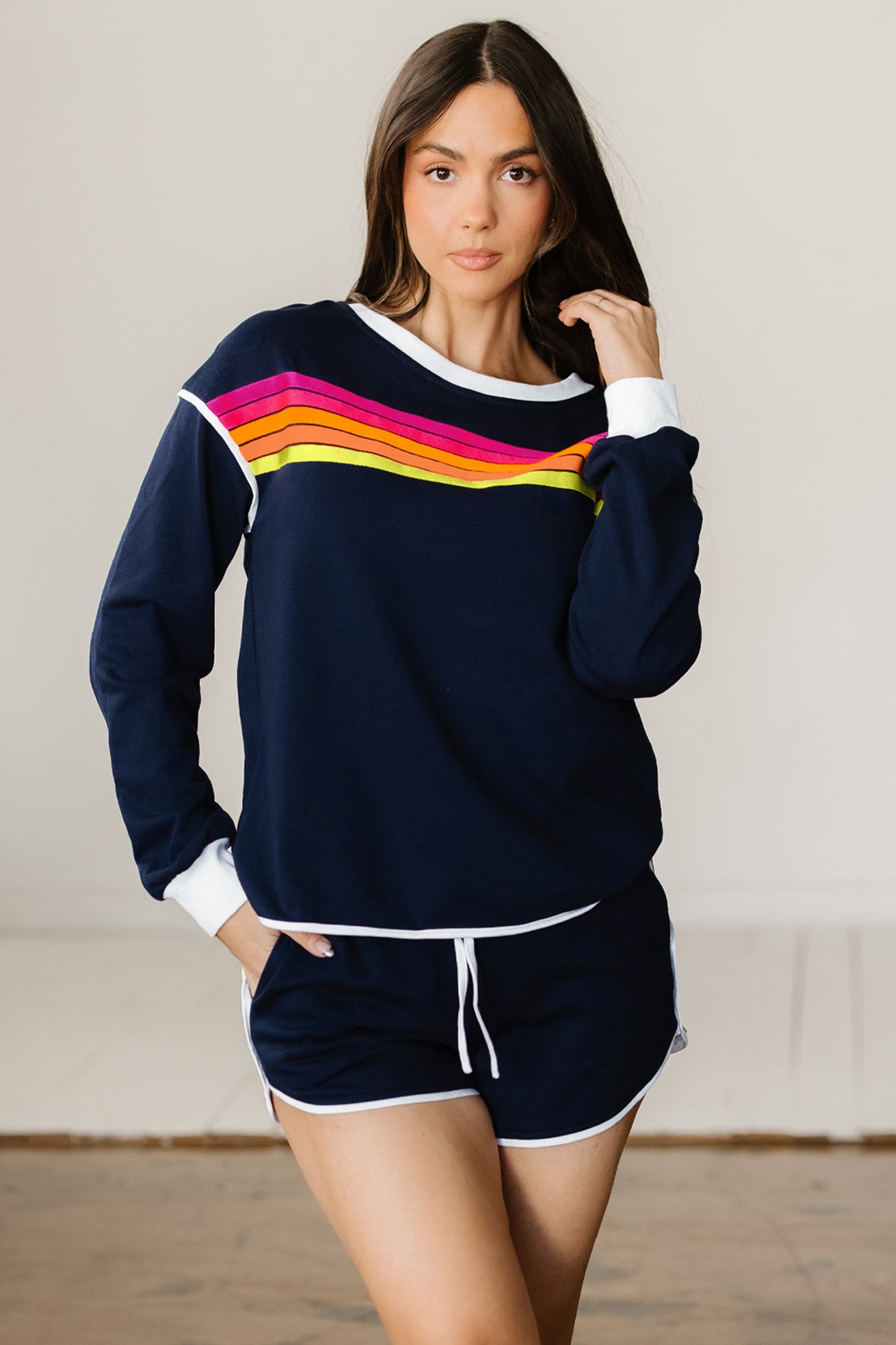 Bluing Colorful Striped Accent Varsity Long Sleeve Pullover and Shorts Matching Set