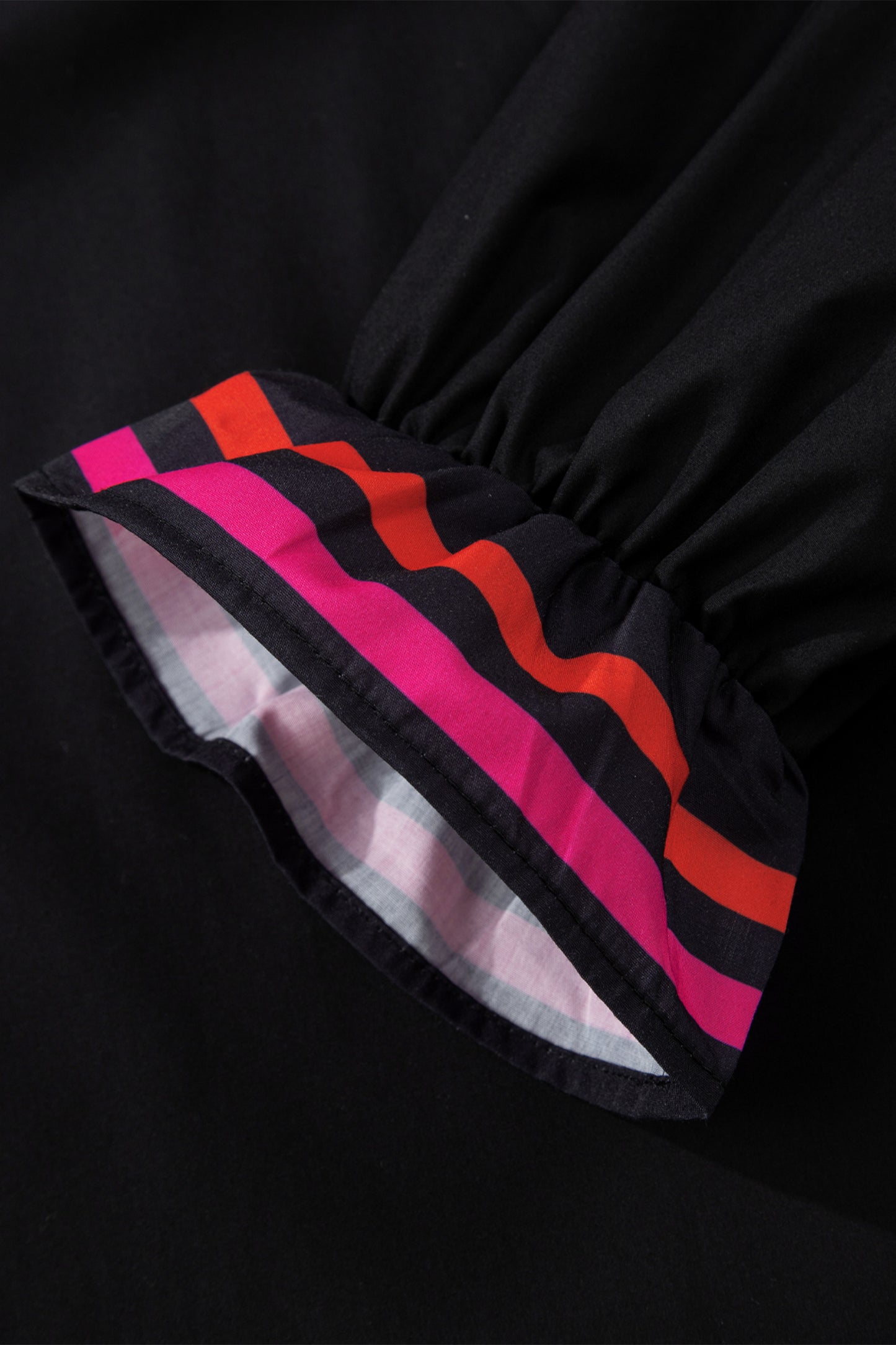 Black Striped Trim Ruffle Split Neck Long Sleeve Blouse