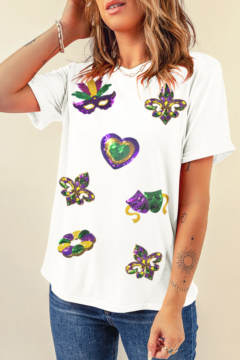 White Sequin Mardi Gras Symbol Tee