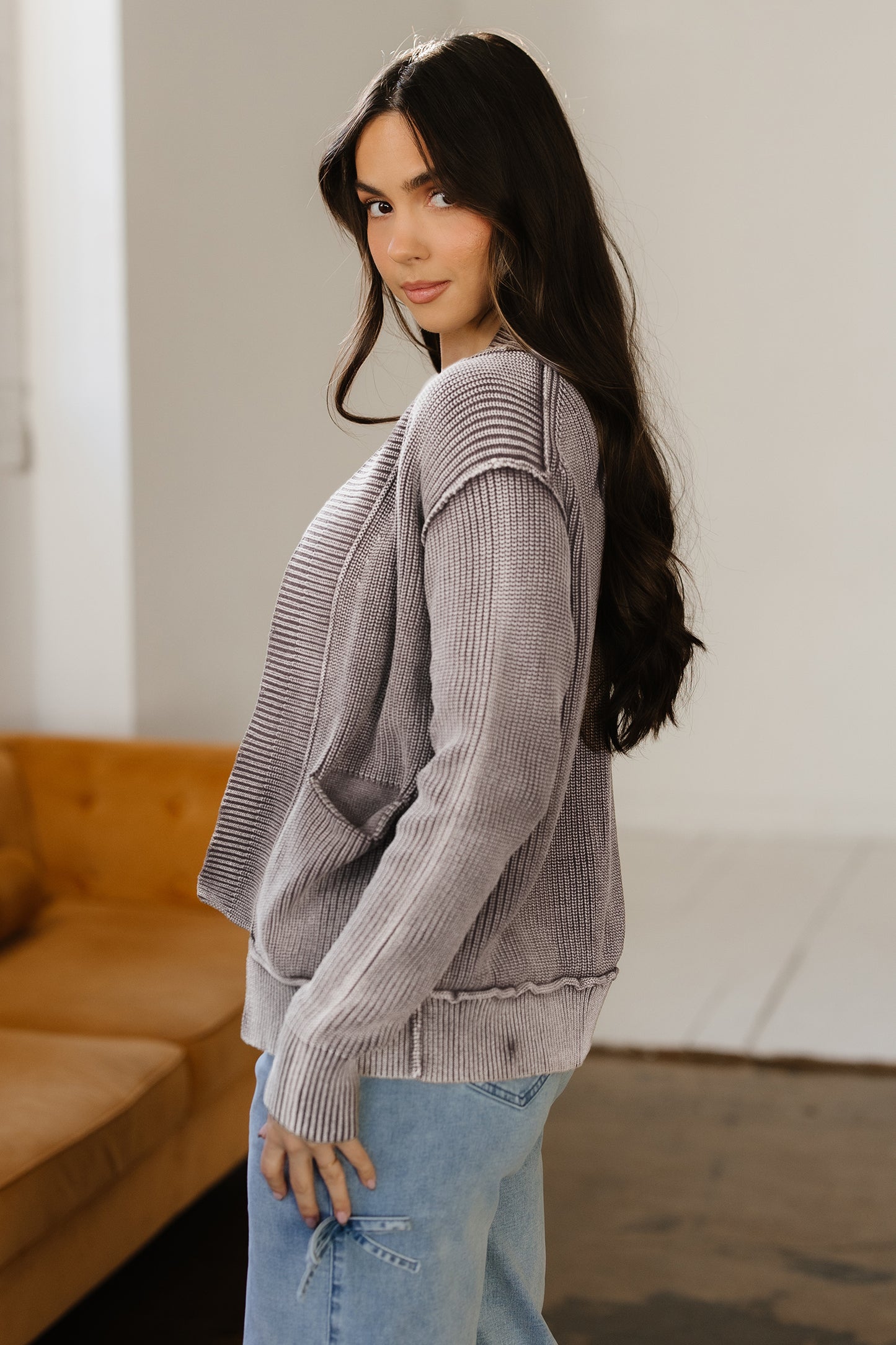 Dark Brown Mineral Wash Exposed Seam Patchwork Knit Open Sweater Cardigan