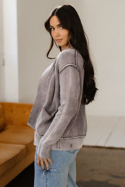 Dark Brown Mineral Wash Exposed Seam Patchwork Knit Open Sweater Cardigan