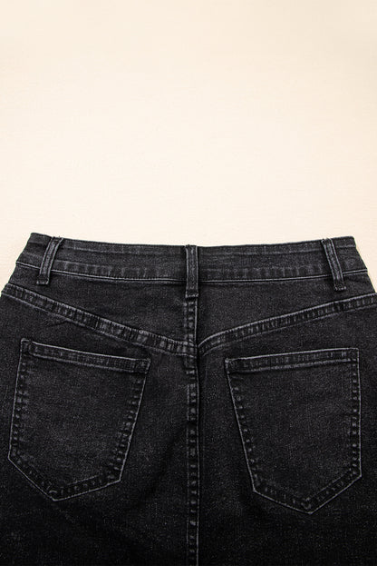 Carbon Grey Mineral Wash Ripped Raw Hem Denim Mini Skirt