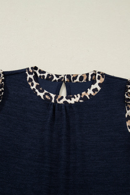 Navy Blue Ribbed Contrast Leopard Patchwork Short Sleeve Top