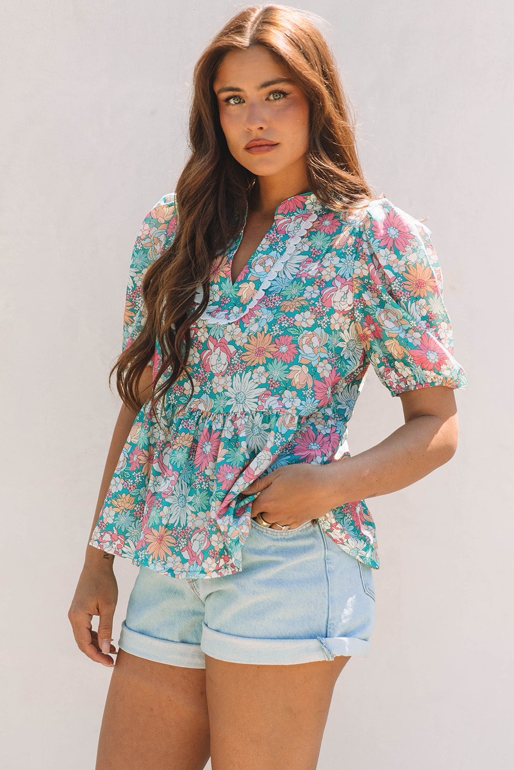 Multicolour Notched Neck Puff Short Sleeve Floral Blouse
