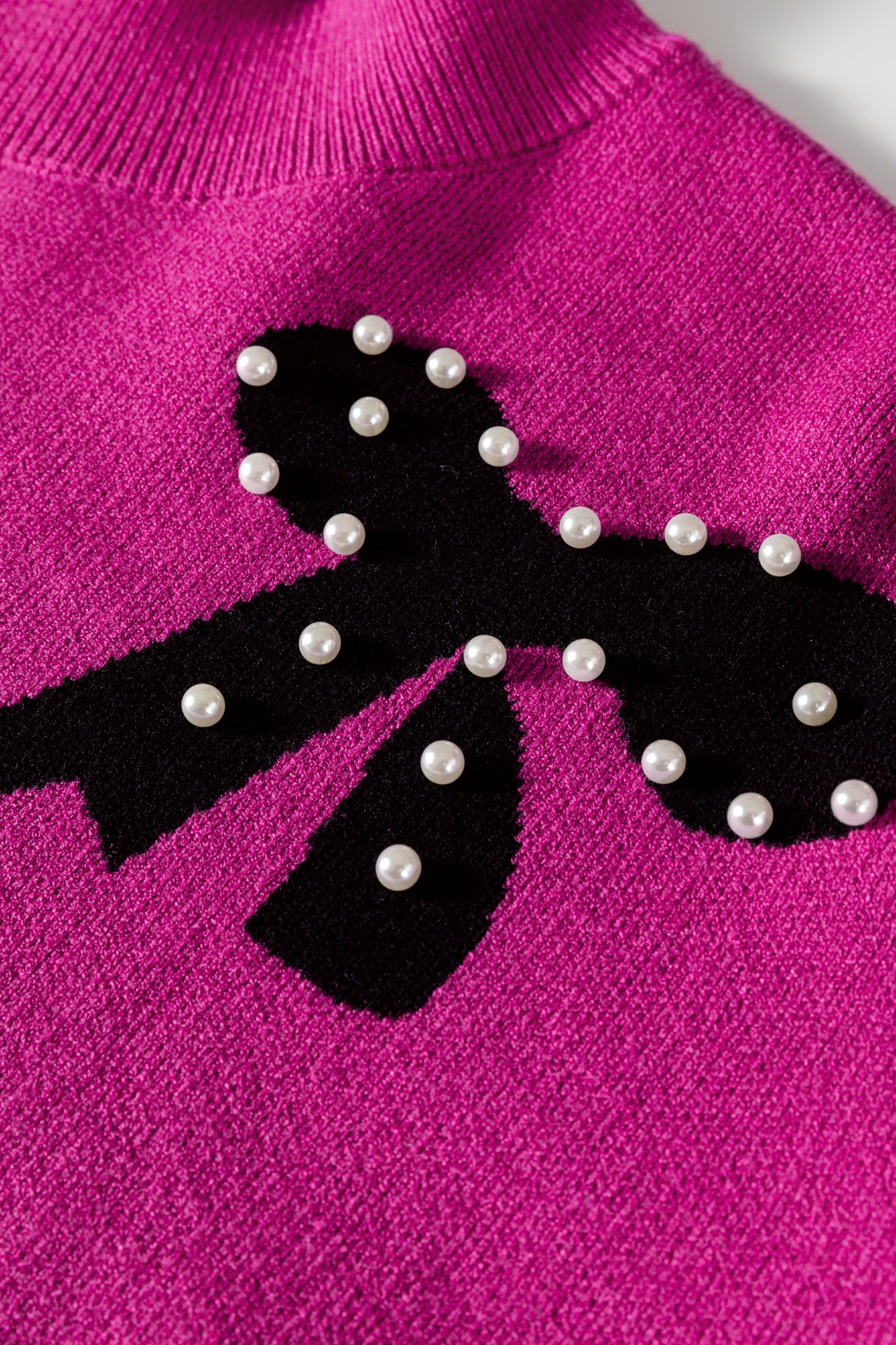 Bright Pink Pearl Embellished Bow Pattern Loose Sweater