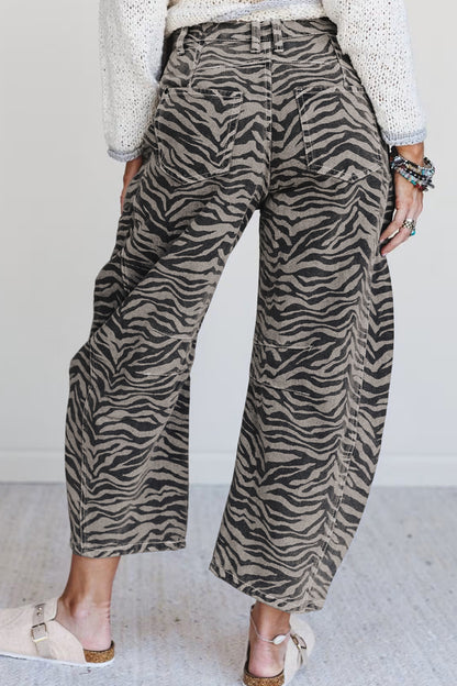 Gray Zebra Stripe Printed Wide Leg Jeans