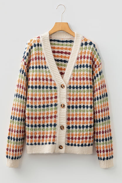 Multicolour Dotty Pattern Knit Button Front V Neck Sweater Cardigan