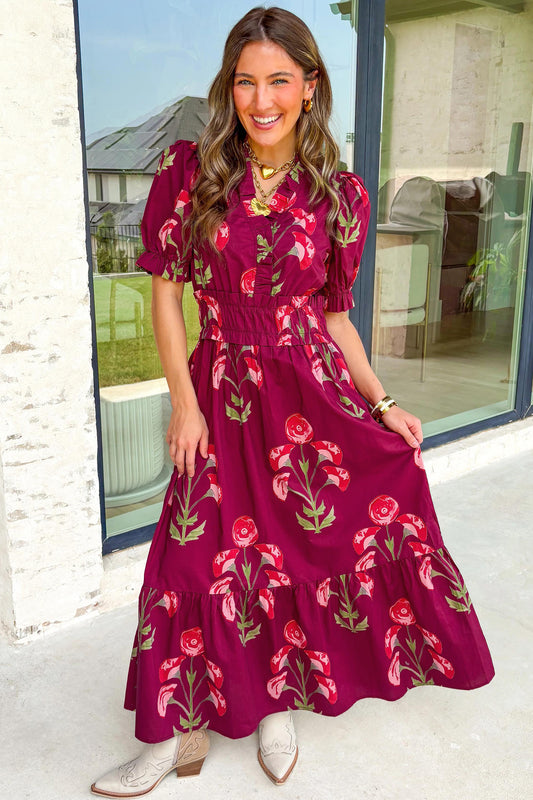 Scarlet Bloom Ruffle Maxi Dress