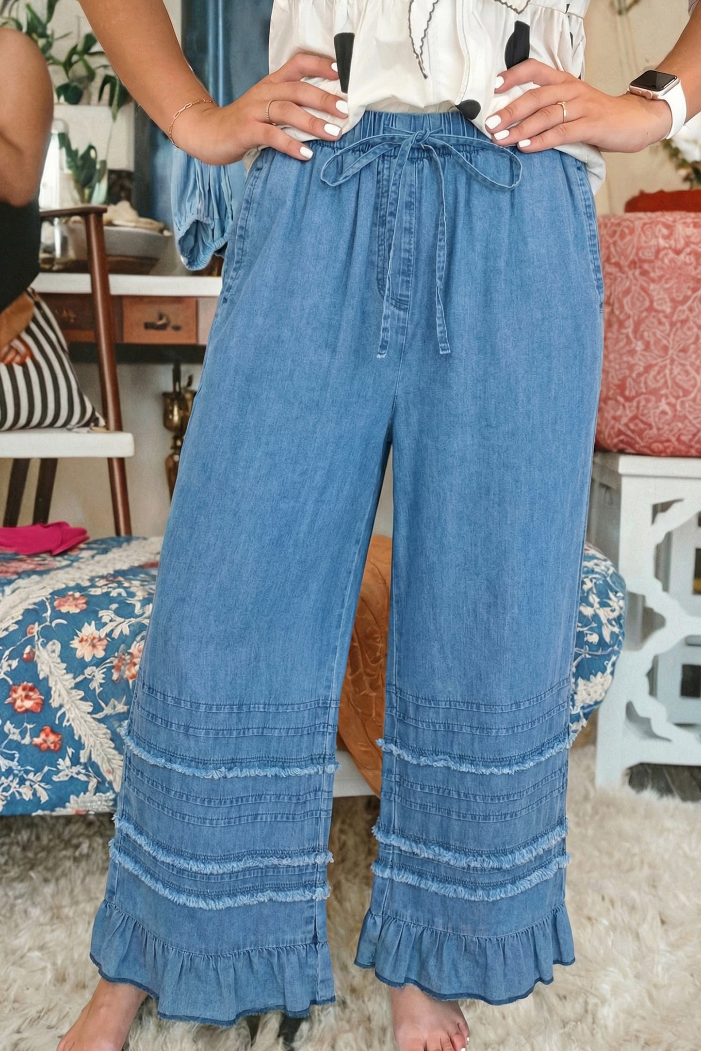 The Charleston Coastal Chambray Ruffle Pants