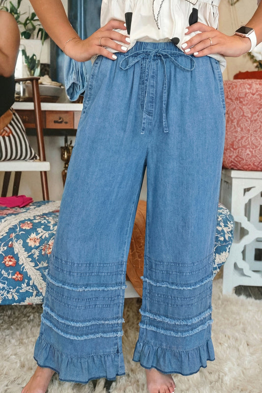 The Charleston Coastal Chambray Ruffle Pants