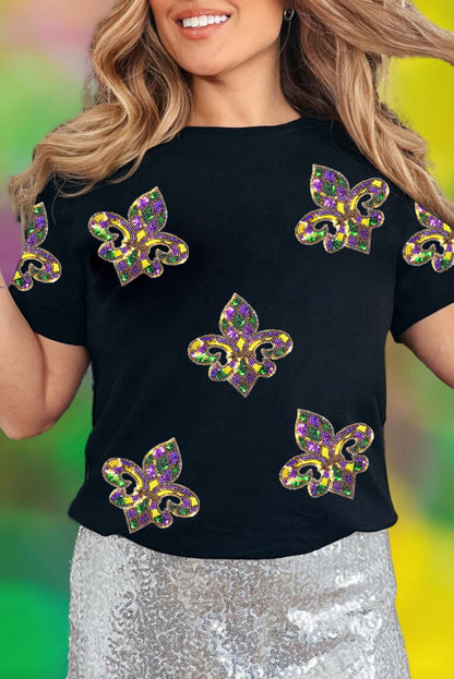 Black Sequin Fleur-de-Lis Graphic Tee