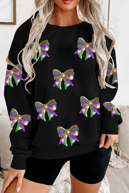 Black Sequin Mardi Gras Bow Pullover Sweatshirt