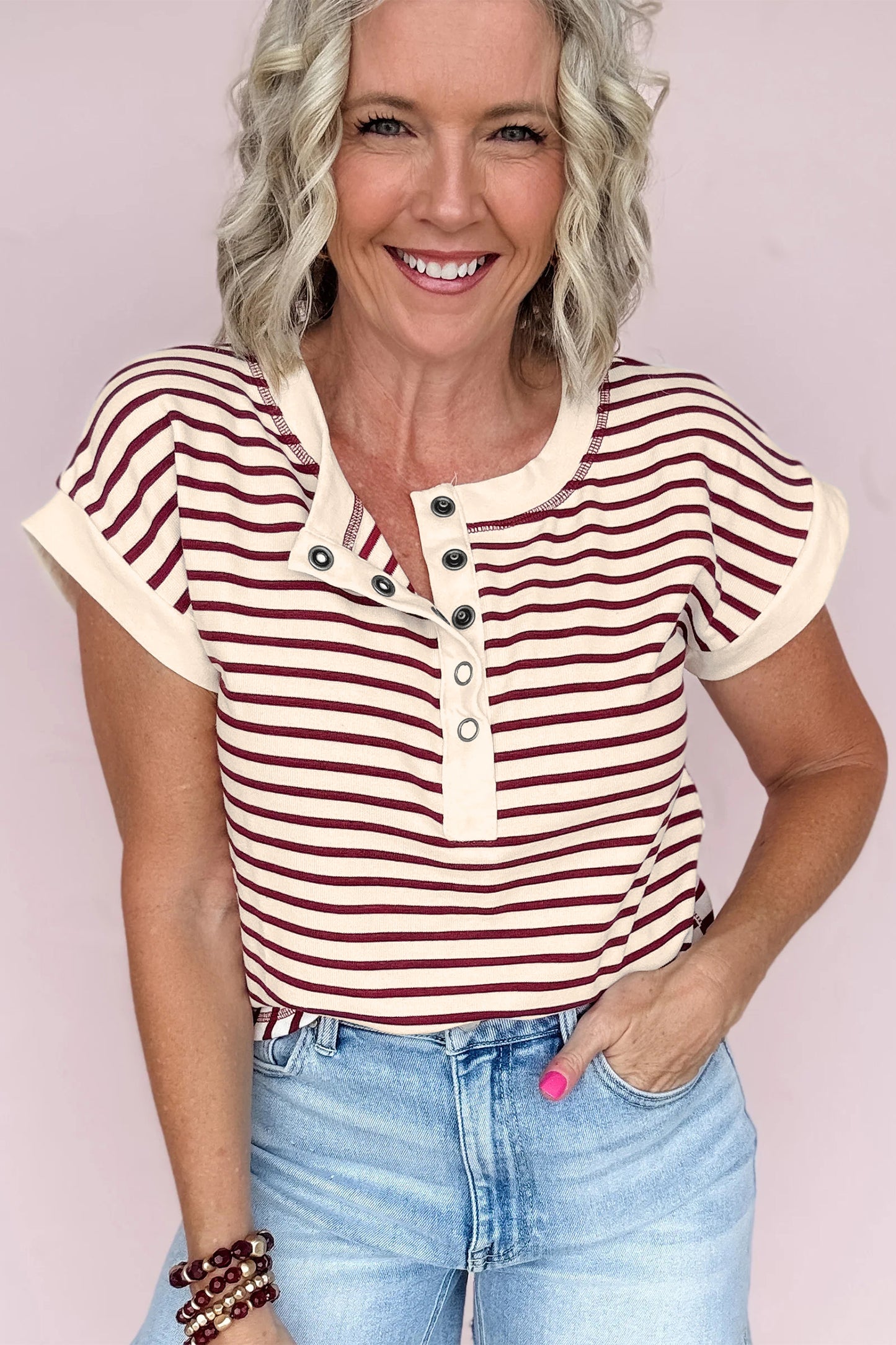 Red Stripe Half Buttons Round Neck T Shirt
