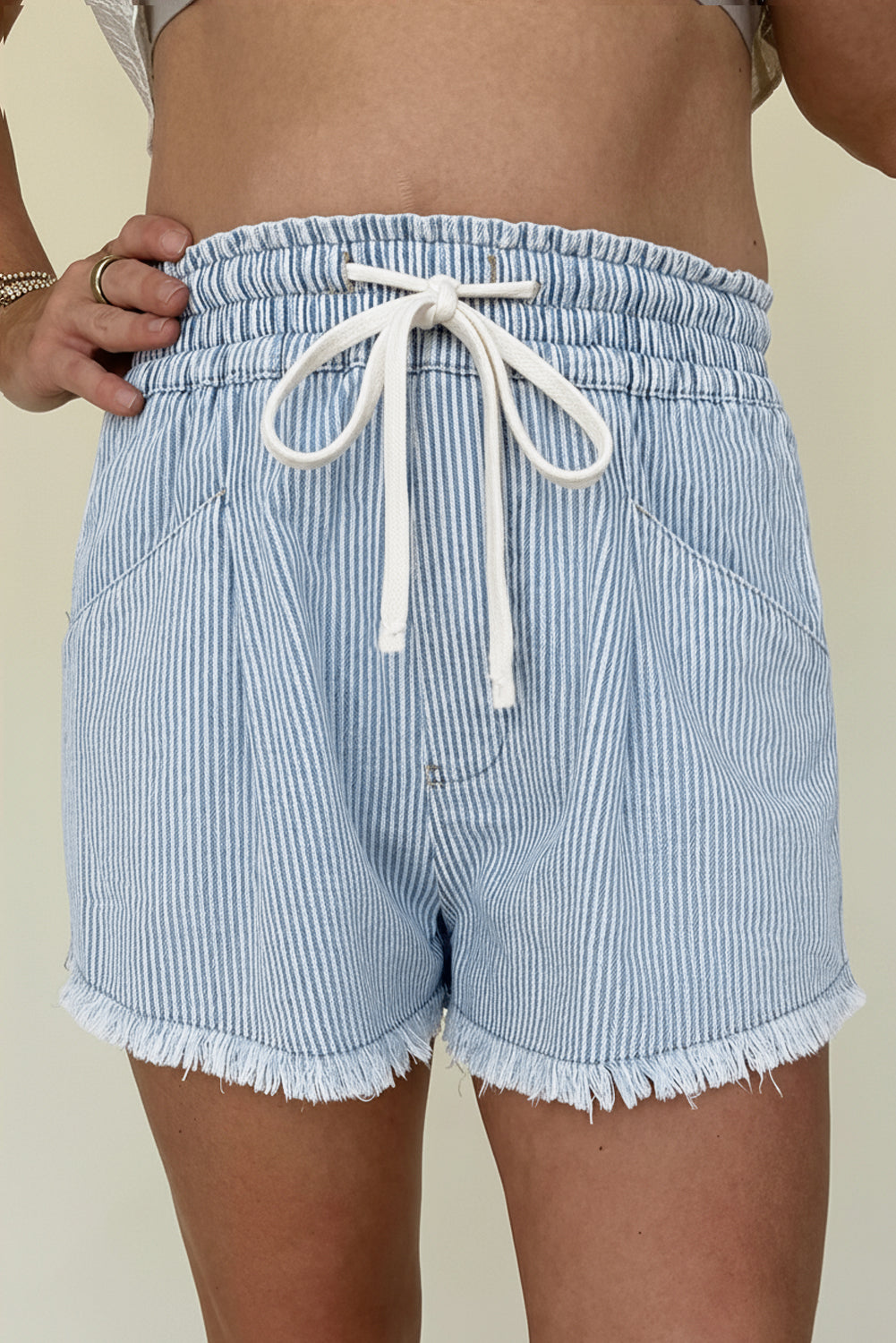 Sky Blue Stripe Raw Edge Drawstring Elastic Waist Casual Denim Shorts