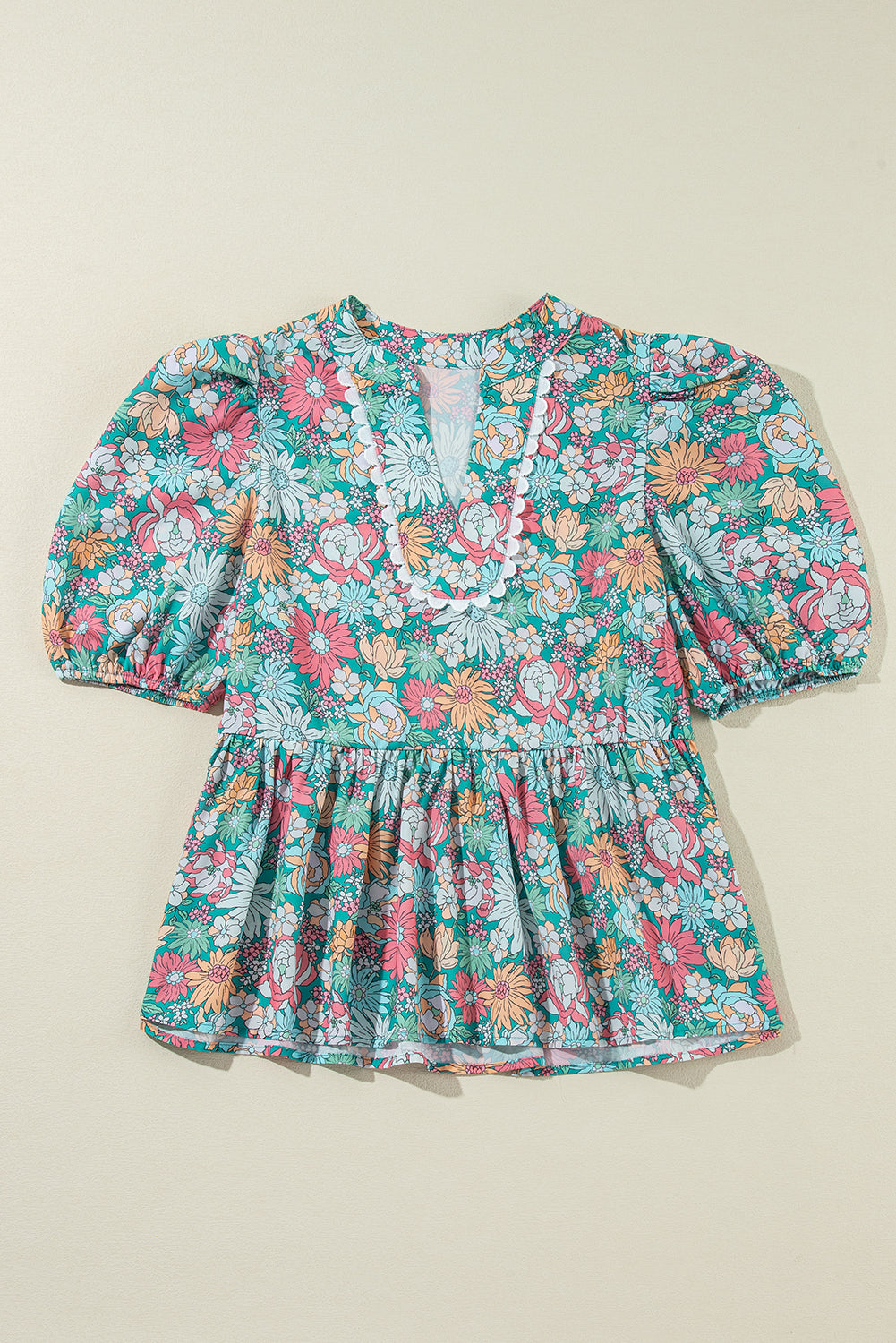 Multicolour Notched Neck Puff Short Sleeve Floral Blouse