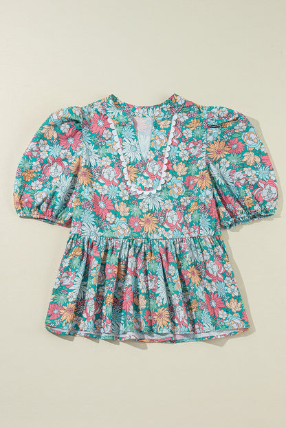 Multicolour Notched Neck Puff Short Sleeve Floral Blouse