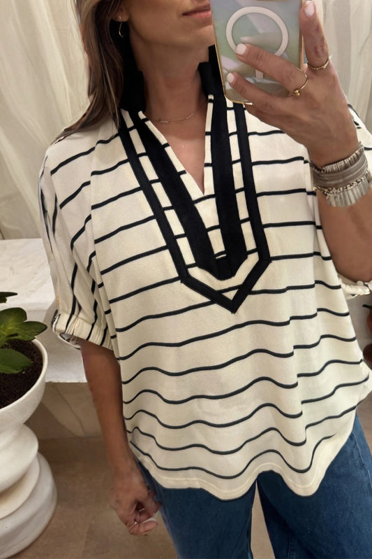 White Stripe Stand Collar V Neck Elastic Cuffs Half Sleeve Dolman Top