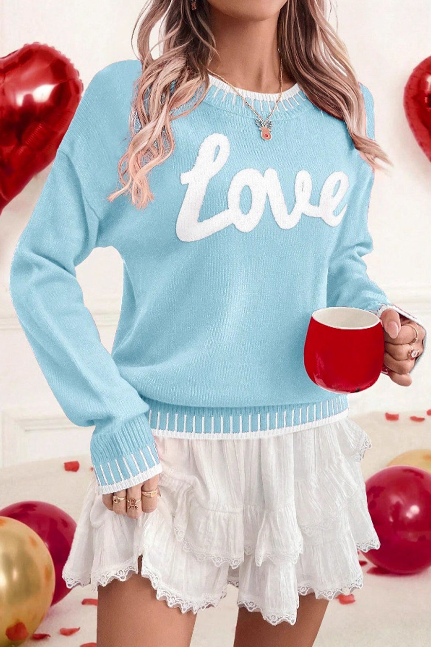 Light Blue Valentine Love Chenille Letter Graphic Sweater